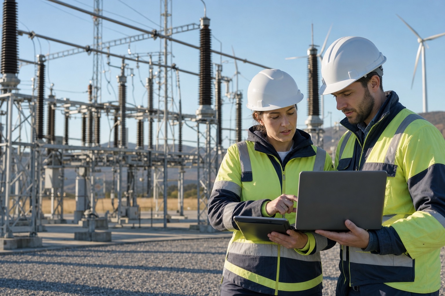 Profesioniști din energie folosind instrumente digitale într-o stație electrică